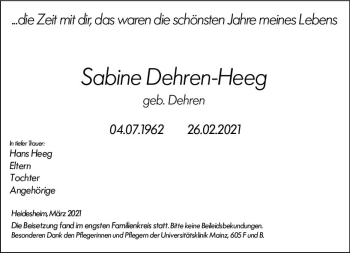 Traueranzeige von Sabine Dehren-Heeg von vrm-trauer