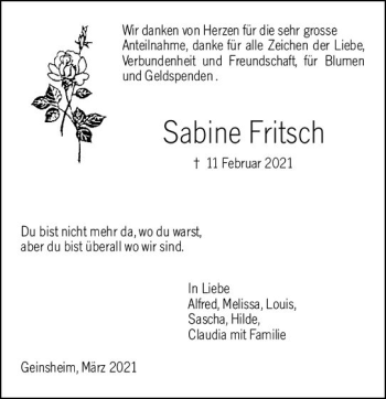 Traueranzeige von Sabine Fritsch von vrm-trauer
