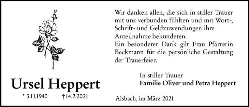  Traueranzeige für Ursel Heppert vom 13.03.2021 aus vrm-trauer