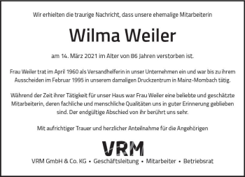 Traueranzeige von Wilma Weiler von vrm-trauer