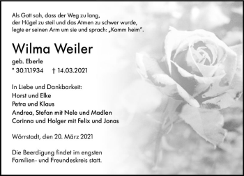 Traueranzeige von Wilma Weiler von vrm-trauer