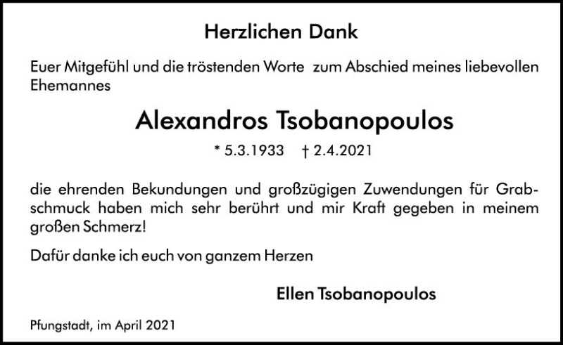  Traueranzeige für Alexandros Tsobanopoulos vom 30.04.2021 aus vrm-trauer