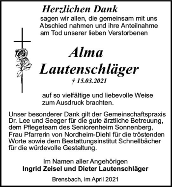 Traueranzeige von Alma Lautenschläger von vrm-trauer