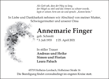 Traueranzeige von Annemarie Finger von vrm-trauer