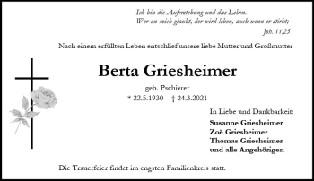 Traueranzeige von Berta Griesheimer von vrm-trauer