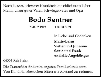 Traueranzeige von Bodo Sentner von vrm-trauer