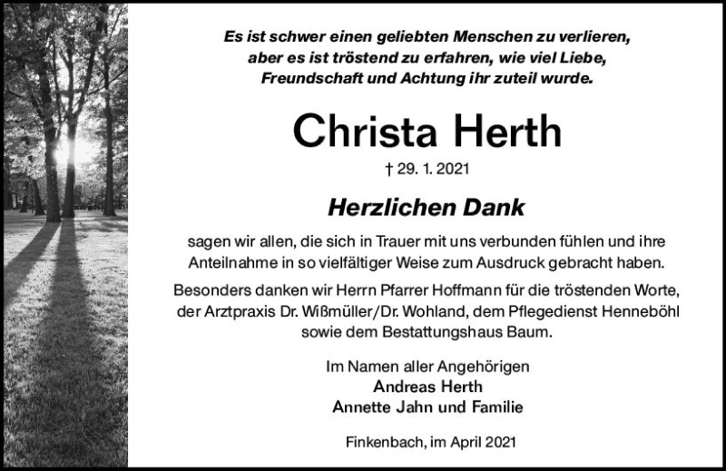  Traueranzeige für Christa Herth vom 03.04.2021 aus vrm-trauer