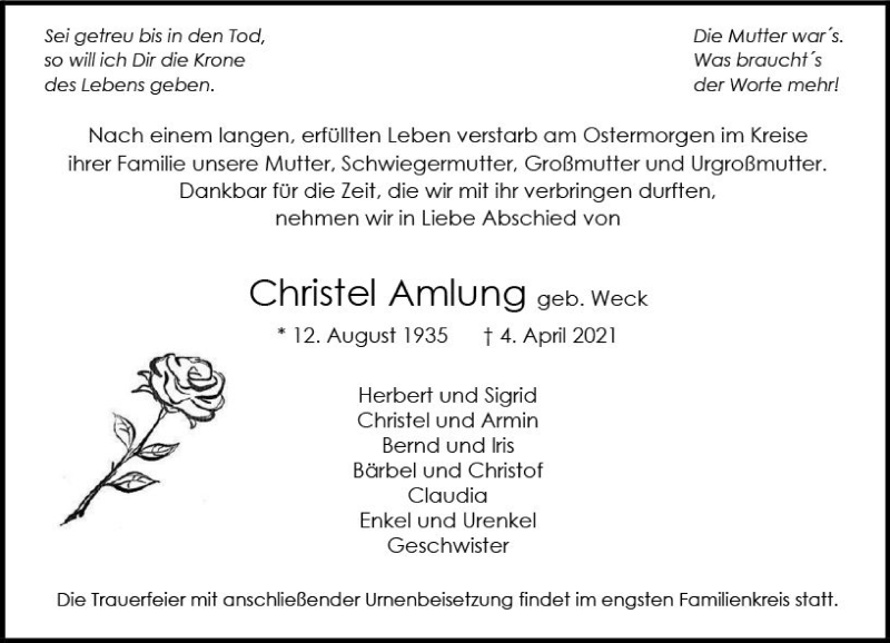  Traueranzeige für Christel Amlung vom 16.04.2021 aus vrm-trauer