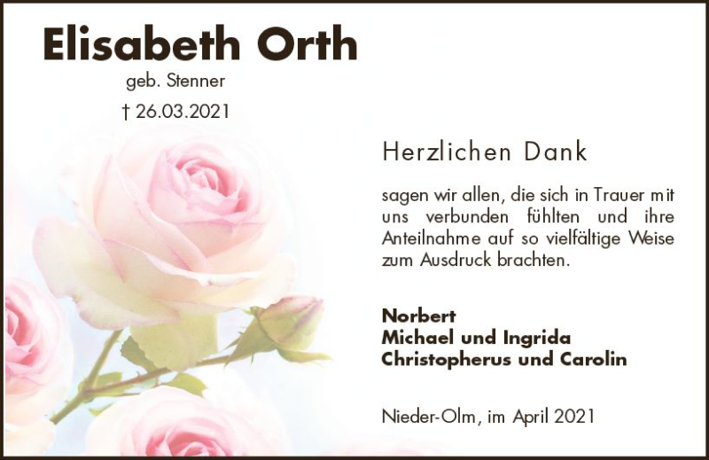  Traueranzeige für Elisabeth Orth vom 30.04.2021 aus vrm-trauer