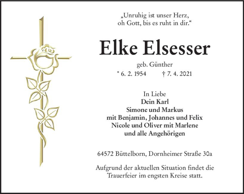  Traueranzeige für Elke Elsesser vom 10.04.2021 aus vrm-trauer