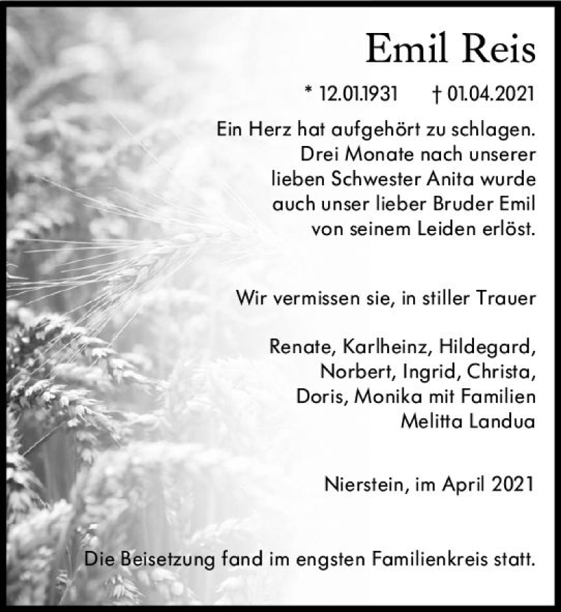  Traueranzeige für Emil Reis vom 30.04.2021 aus vrm-trauer