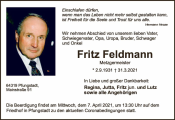 Traueranzeige von Fritz Feldmann von vrm-trauer