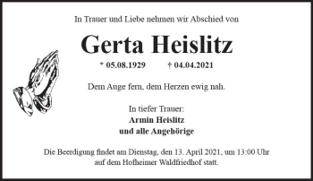 Traueranzeige von Gerta Heislitz von vrm-trauer