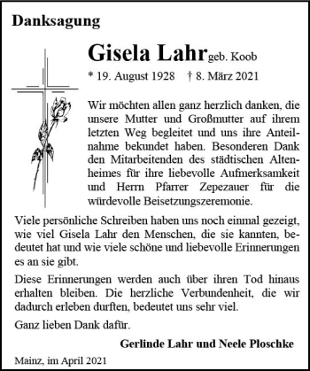 Traueranzeige von Gisela Lahr von vrm-trauer