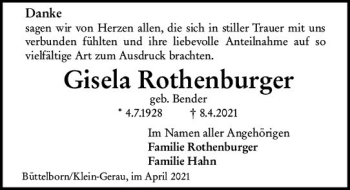 Traueranzeige von Gisela Rothenburger von vrm-trauer