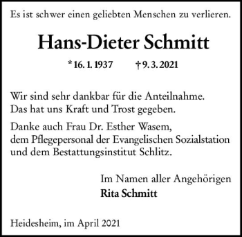 Traueranzeige von Hans-Dieter Schmitt von vrm-trauer