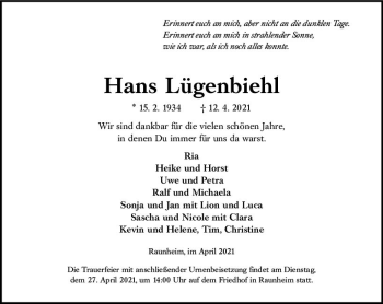 Traueranzeige von Hans Lügenbiehl von vrm-trauer