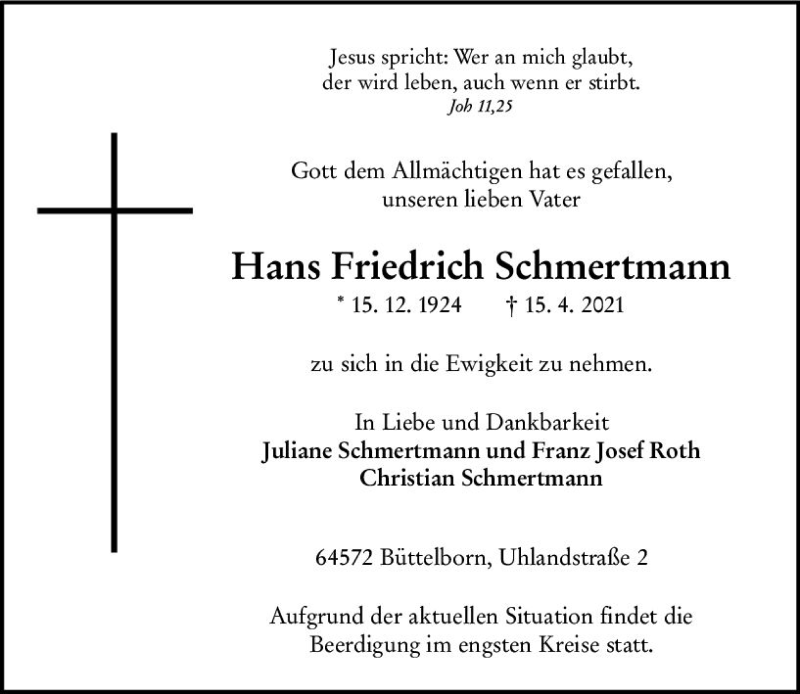  Traueranzeige für Hans Friedrich Schmertmann vom 17.04.2021 aus vrm-trauer