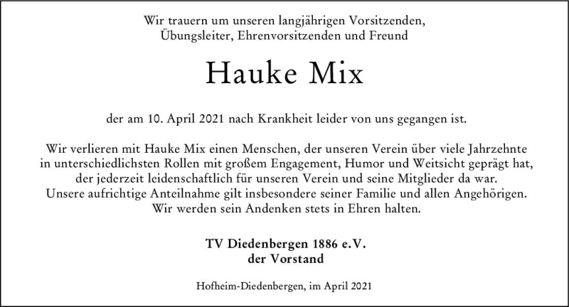  Traueranzeige für Hauke Mix vom 20.04.2021 aus vrm-trauer