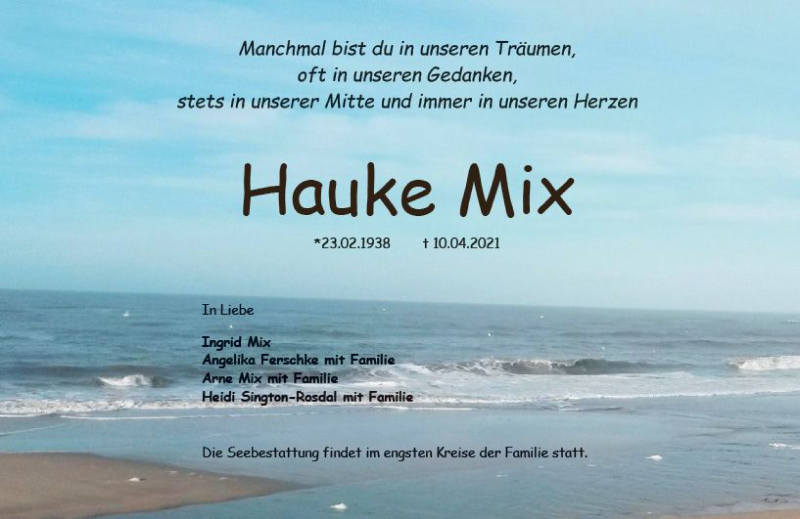  Traueranzeige für Hauke Mix vom 16.04.2021 aus vrm-trauer