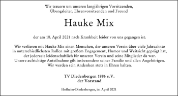 Traueranzeige von Hauke Mix von vrm-trauer