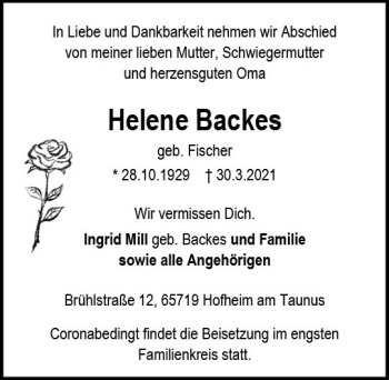 Traueranzeige von Helene Backes von vrm-trauer