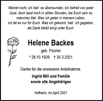 Traueranzeige von Helene Backes von vrm-trauer