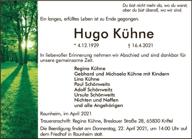  Traueranzeige für Hugo Kühne vom 20.04.2021 aus vrm-trauer