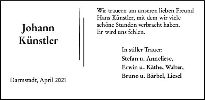  Traueranzeige für Johann Künstler vom 10.04.2021 aus vrm-trauer
