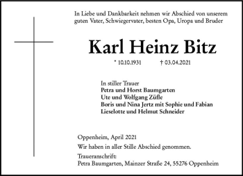 Traueranzeige von Karl Heinz Bitz von vrm-trauer