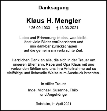 Traueranzeige von Klaus H. Mengler von vrm-trauer