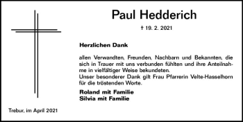 Traueranzeige von Paul Hedderich von vrm-trauer