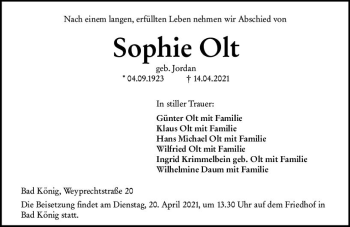 Traueranzeige von Sophie Olt von vrm-trauer