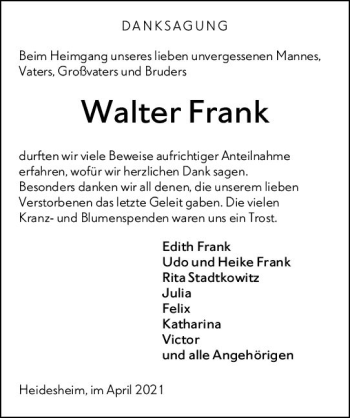 Traueranzeige von Walter Frank von vrm-trauer