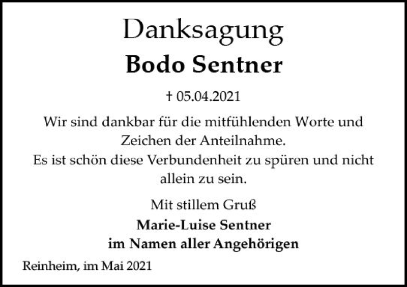  Traueranzeige für Bodo Sentner vom 08.05.2021 aus vrm-trauer