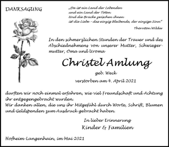 Traueranzeige von Christel Amlung von vrm-trauer