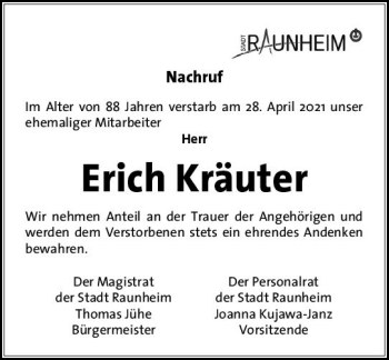 Traueranzeige von Erich Kräuter von vrm-trauer