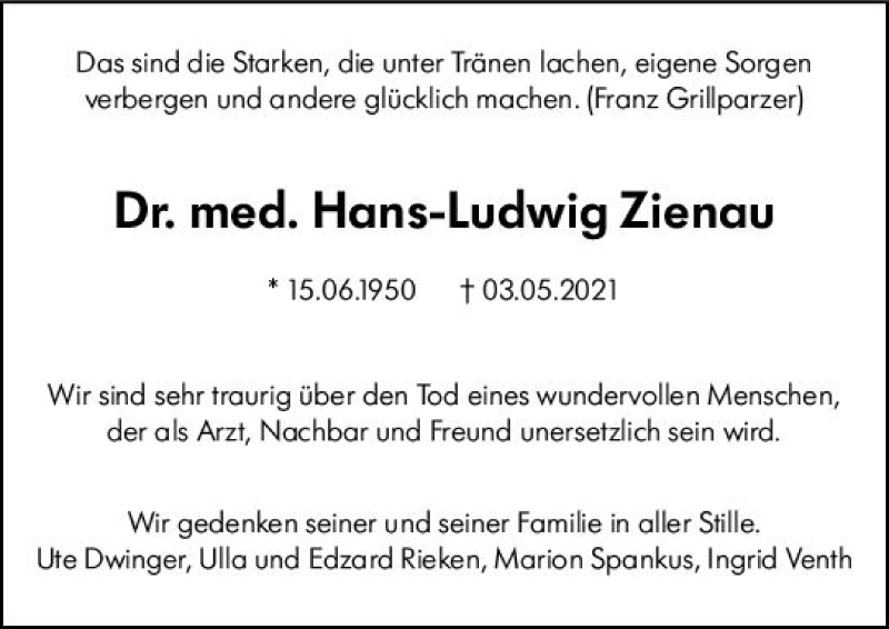  Traueranzeige für Hans-Ludwig Zienau vom 10.05.2021 aus vrm-trauer