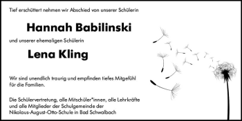 Traueranzeige von Lena Kling von vrm-trauer