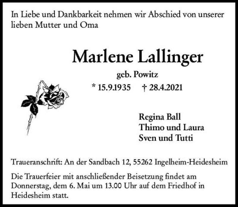  Traueranzeige für Marlene Lallinger vom 03.05.2021 aus vrm-trauer