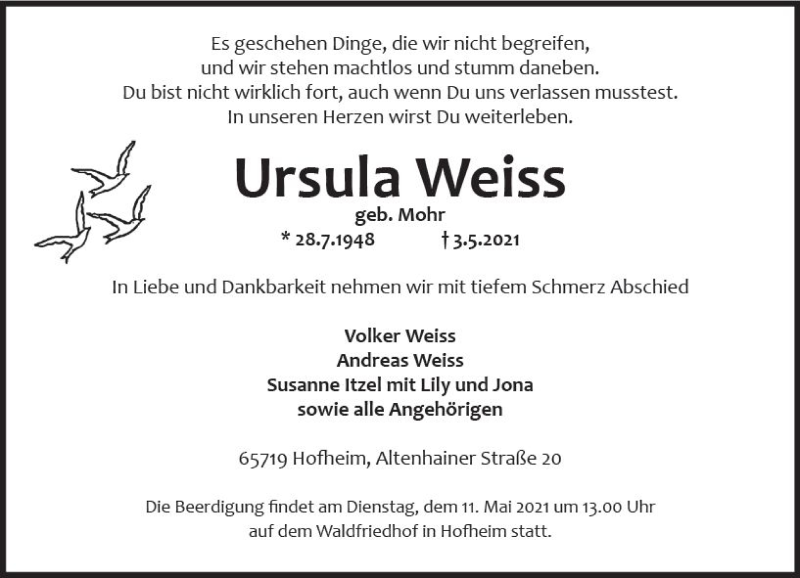  Traueranzeige für Ursula Weiss vom 07.05.2021 aus vrm-trauer