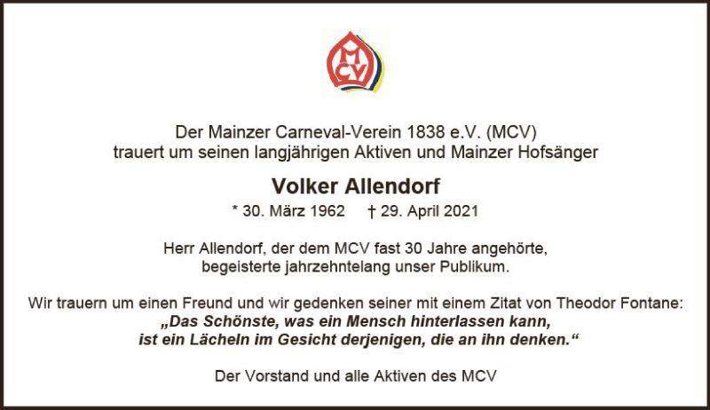  Traueranzeige für Volker Allendorf vom 08.05.2021 aus vrm-trauer