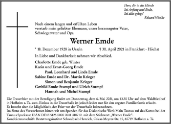 Traueranzeige von Werner Emde von vrm-trauer