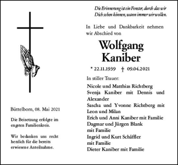 Traueranzeige von Wolfgang Kaniber von vrm-trauer