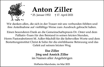 Traueranzeige von Anton Ziller von vrm-trauer