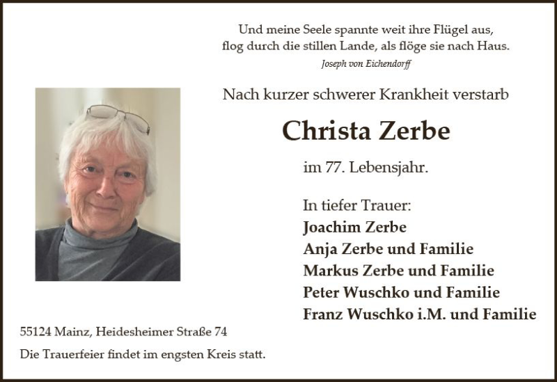  Traueranzeige für Christa Zerbe vom 29.05.2021 aus vrm-trauer