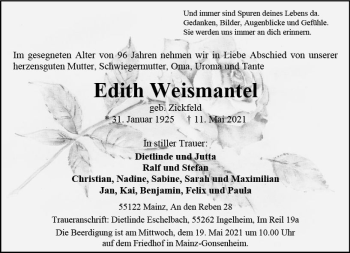Traueranzeige von Edith Weismantel von vrm-trauer