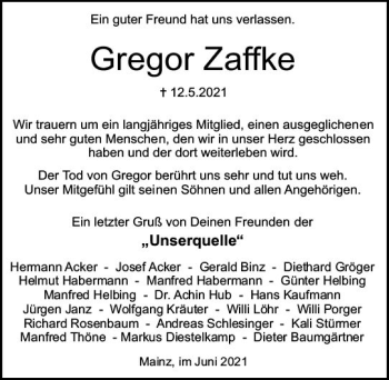 Traueranzeige von Gregor Zaffke von vrm-trauer