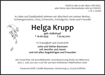 Traueranzeige von Helga Krupp von vrm-trauer