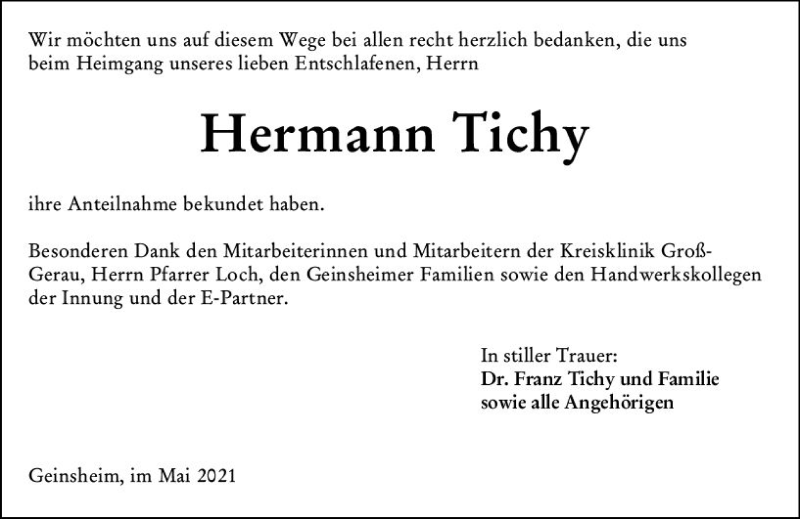  Traueranzeige für Hermann Tichy vom 22.05.2021 aus vrm-trauer